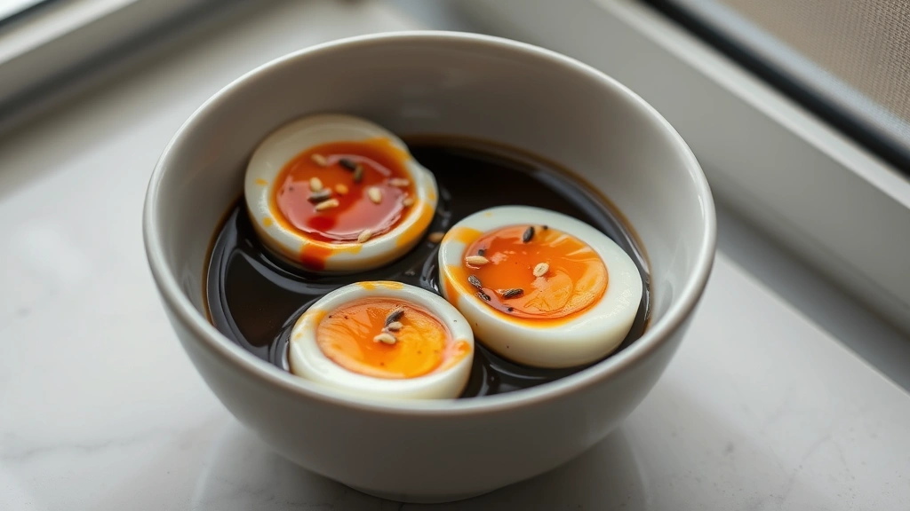 hero: perfectly halved soft-boiled mayak eggs in white ceramic bowl with dark soy marinade and sesame seeds sprinkled on top, soft natural window light, overhead shot, shallow depth of field