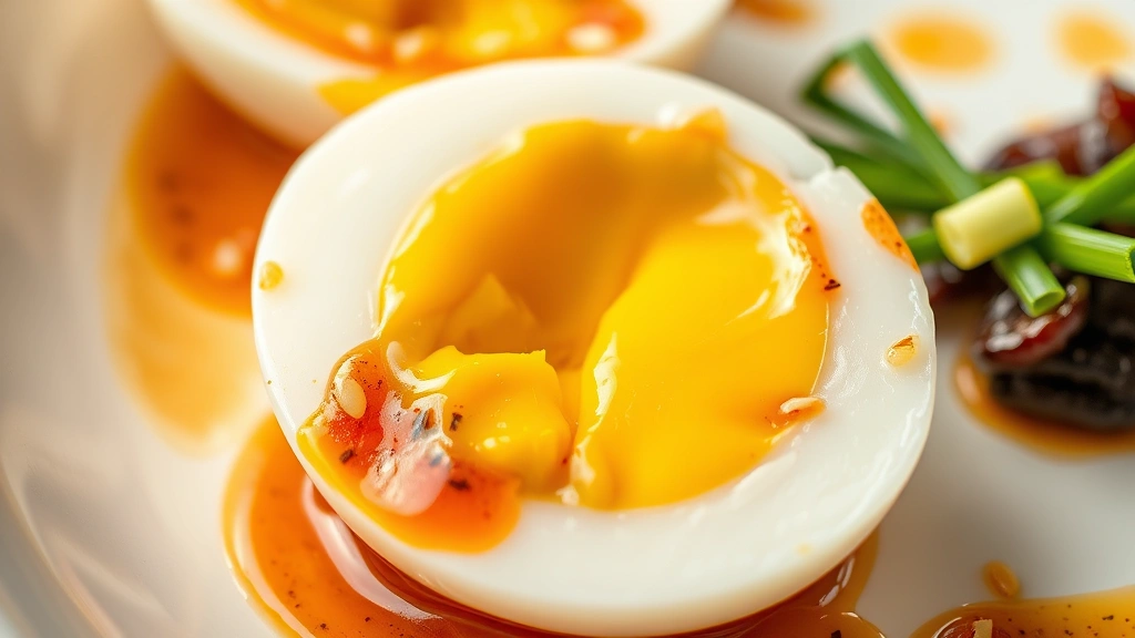 detail: sliced mayak egg showing creamy runny golden yolk with dark marinated white, on white plate with glossy marinade, sesame seeds and green onion garnish, macro photography, warm natural light