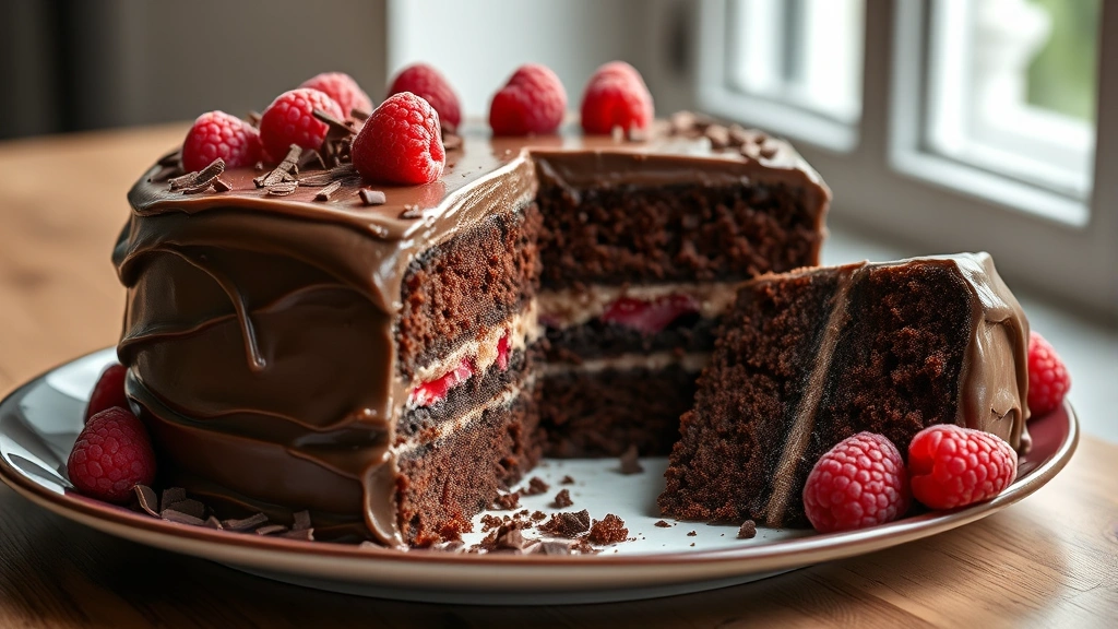 hero: three-layer chocolate mayonnaise cake with chocolate ganache frosting, slice removed showing moist crumb, fresh raspberries and chocolate shavings as garnish, photorealistic, natural window light, elegant plated presentation, no text