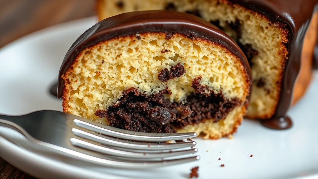 detail: close-up cross-section of sliced mayonnaise cake showing tender moist chocolate crumb, fork nearby, ganache dripping down side, shallow depth of field, photorealistic, no text
