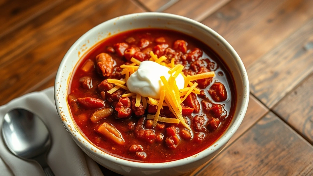 hero: steaming bowl of rich red chili topped with shredded cheddar cheese and sour cream, photorealistic, warm natural lighting, rustic wooden table background, no text