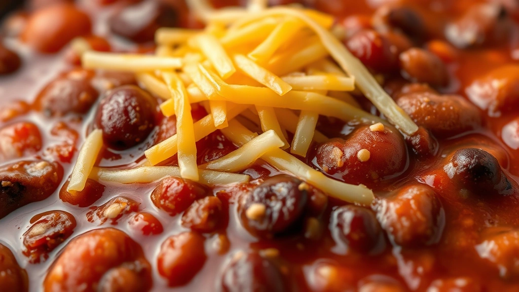 detail: close-up of chili surface showing beans and meat texture with melting cheese topping, photorealistic, natural daylight, macro photography style, no text