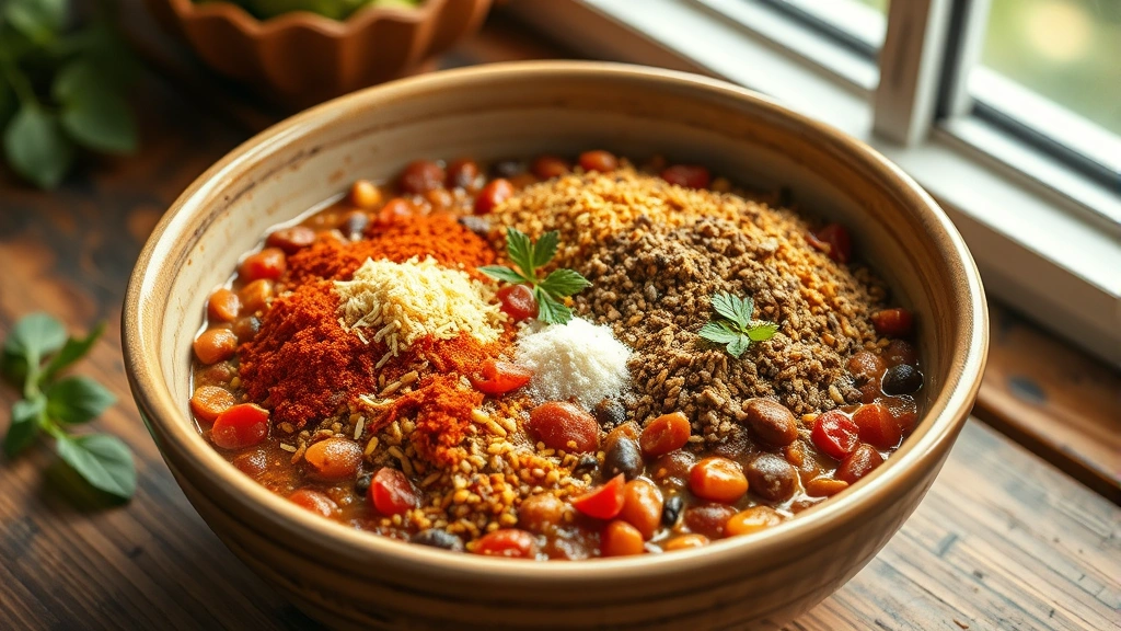 hero: bowl of homemade chili seasoning blend showing all the colorful spices mixed together, photorealistic, natural daylight from window, no text, rustic wooden table background