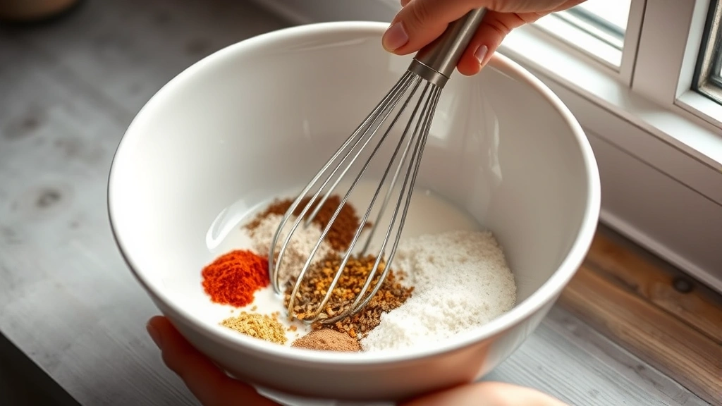 process: hand mixing spices in white bowl with whisk, photorealistic, natural window light, close action shot, no text, spices visible and vibrant