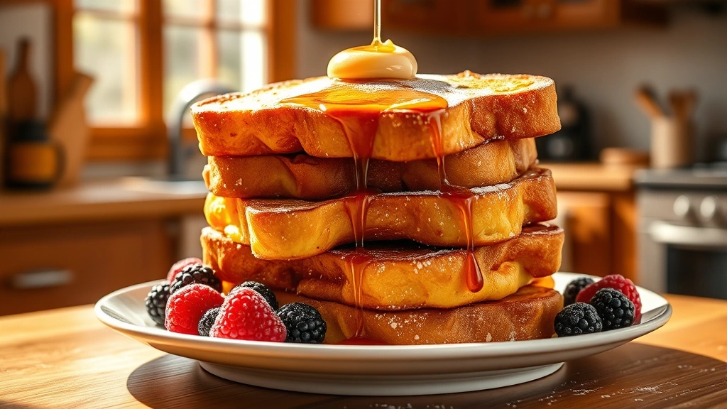 hero: Golden brown French toast stacked on white plate with maple syrup drizzle, fresh berries, and powdered sugar, morning sunlight streaming through window, cozy kitchen background, photorealistic, natural light, no text