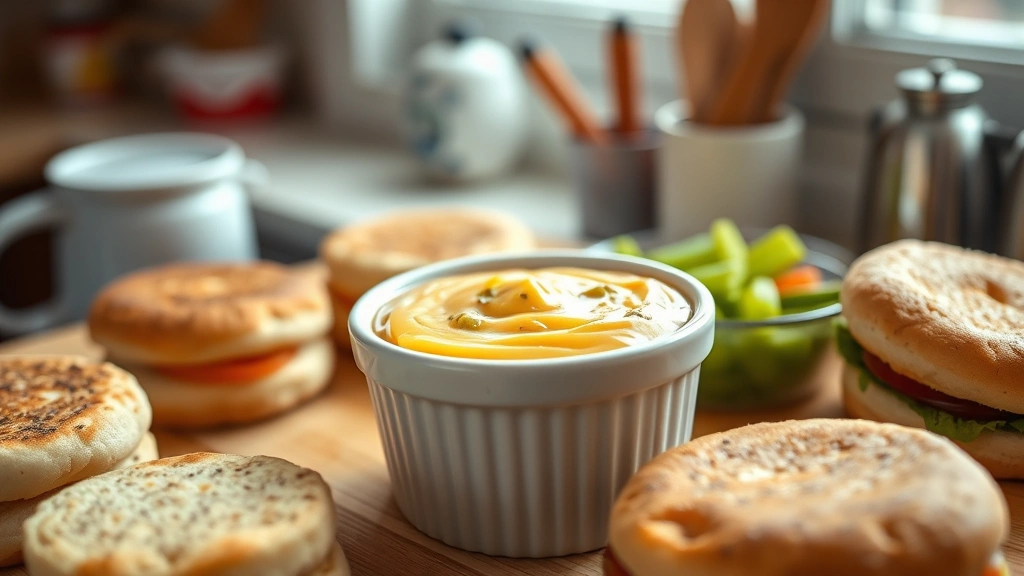 hero: McDonald's breakfast sauce in a white ramekin dish, creamy beige color with visible pickle relish flecks, surrounded by English muffins and breakfast sandwich ingredients, photorealistic, natural morning light through kitchen window, no text