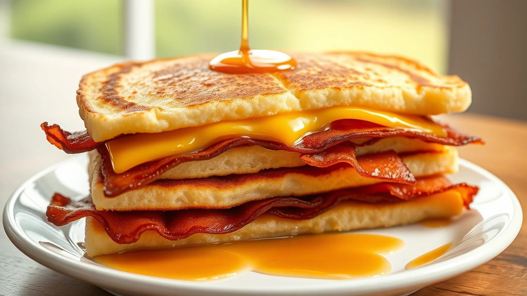 hero: golden McGriddle breakfast sandwich stacked with maple pancakes, crispy bacon, and melted American cheese, cut in half to show layers, served on white plate with maple syrup drizzle, photorealistic, natural window light, no text