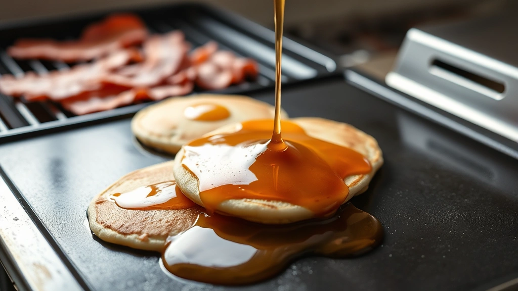 process: griddle cooking golden pancakes with maple syrup caramelizing on surface, bacon cooking in background, photorealistic, natural daylight, no text