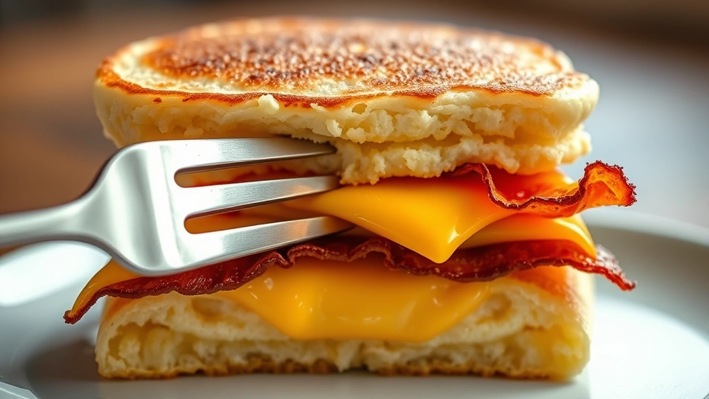 detail: close-up cross-section of McGriddle sandwich showing layers of fluffy pancake, melted cheese, and crispy bacon, fork cutting into it, photorealistic, shallow depth of field, natural light, no text