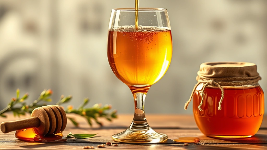 hero: golden mead in wine glass, honey dripping into clear liquid, photorealistic, natural warm light, honey jar nearby, no text