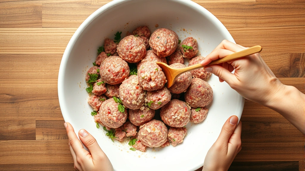 process: hands gently mixing raw meatball ingredients in large white bowl with wooden spoon, photorealistic, overhead angle, natural light, no text