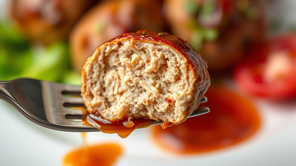detail: close-up of single sliced meatball showing tender interior texture, on fork with sauce dripping, photorealistic, macro lens, natural light, no text