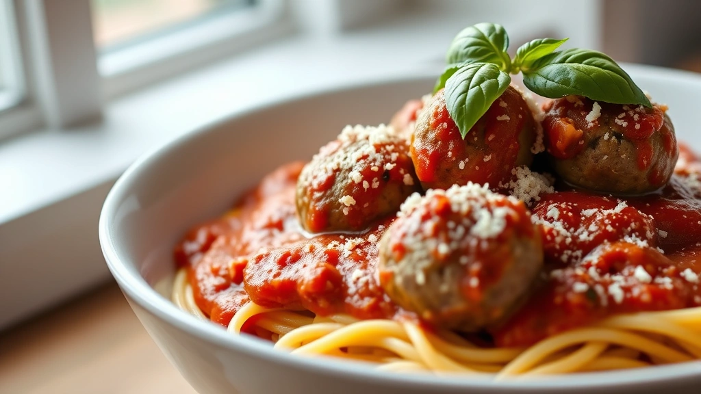 hero: bowl of spaghetti topped with perfectly cooked meatballs in rich red sauce, grated Parmigiano-Reggiano and fresh basil garnish, white ceramic bowl, soft natural window light, shallow depth of field