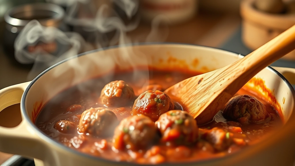 process: wooden spoon stirring simmering meatball sauce in cream-colored Dutch oven, steam rising, visible crushed tomatoes and herbs, warm kitchen lighting, close perspective