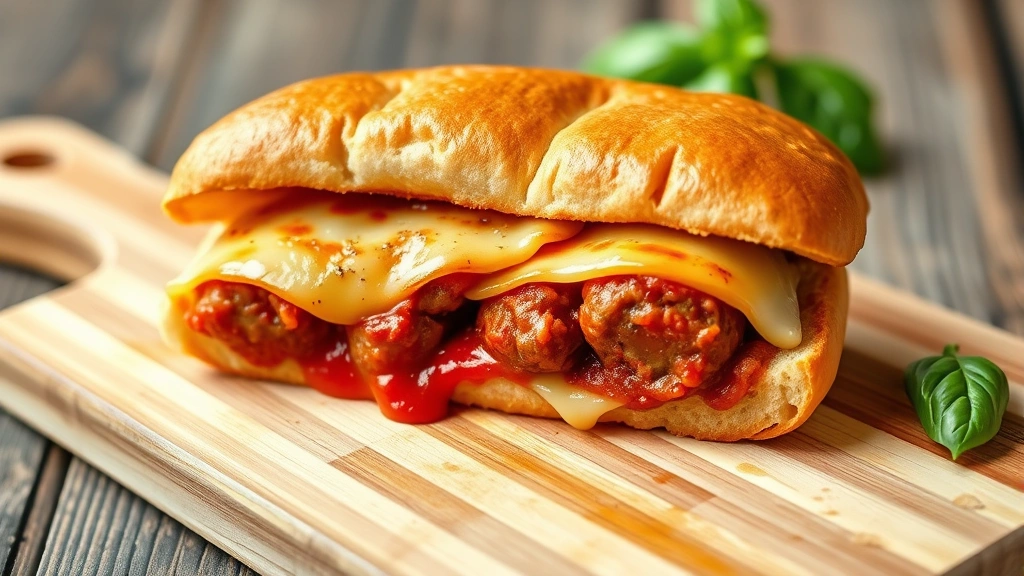 hero: Golden-brown meatball sub sandwich cut in half showing melted mozzarella and provolone cheese with marinara sauce, meatballs visible inside, garnished with fresh basil on a wooden cutting board, photorealistic, natural daylight, no text