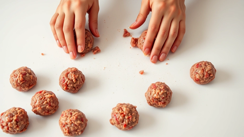 process: Hands carefully rolling ground meat mixture into meatballs on a clean white surface, several meatballs already formed, photorealistic, natural kitchen lighting, no text