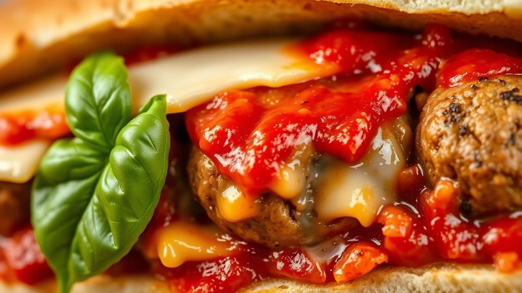 detail: Close-up macro shot of a cross-section of meatball sub showing melted cheese, tender meatball, and rich red sauce with fresh basil leaf, photorealistic, studio lighting, no text