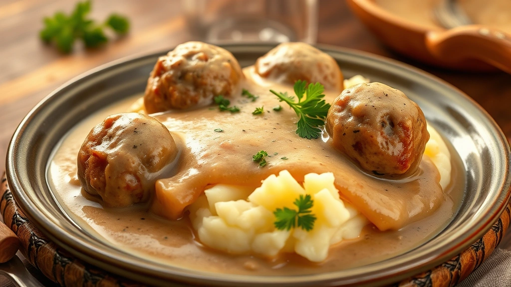 hero: steaming meatballs in creamy gravy over mashed potatoes, garnished with fresh parsley, warm golden lighting, rustic plated presentation, photorealistic, natural light, no text
