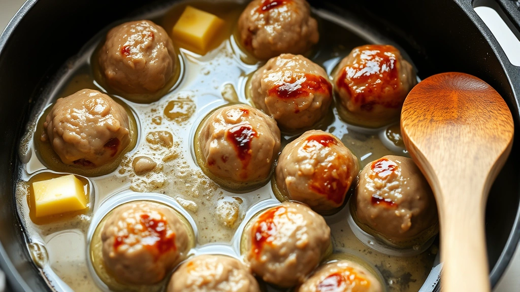 process: browning meatballs in a cast iron skillet with golden crusts, butter and pan drippings visible, wooden spoon, photorealistic, natural light, no text