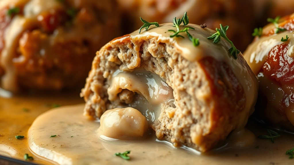 detail: close-up of meatball cross section showing tender interior, creamy gravy coating, fresh thyme garnish, shallow depth of field, photorealistic, natural light, no text