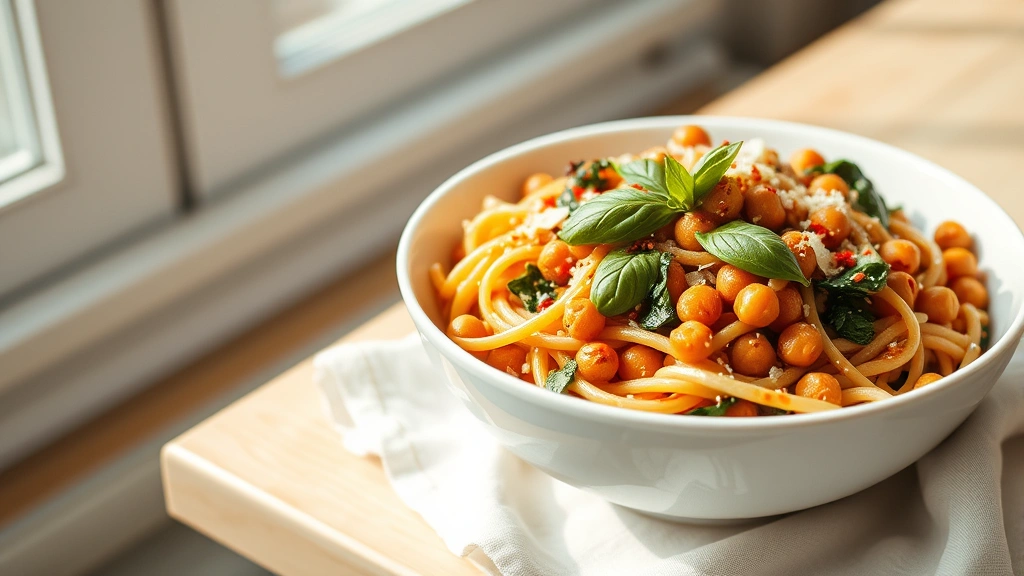hero: creamy tomato spinach pasta with roasted chickpeas in white bowl, garnished with fresh basil, Parmesan, and red pepper flakes, natural soft window light, styled on light wooden table with linen napkin