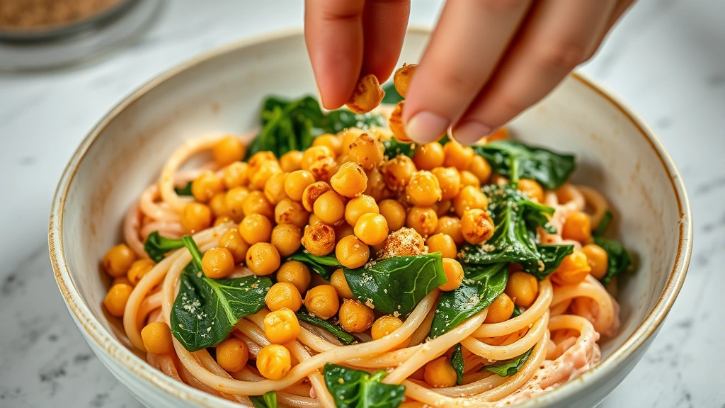 process: hand sprinkling crispy golden roasted chickpeas over creamy coral pasta with wilted spinach, natural kitchen light, action shot showing texture and movement