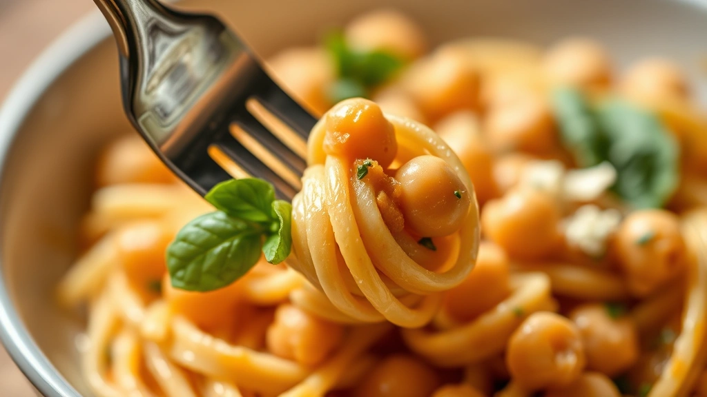 detail: close-up macro of single fork twirling creamy pasta with individual chickpea and fresh basil leaf, shallow depth of field, warm natural light highlighting sauce coating and garnishes