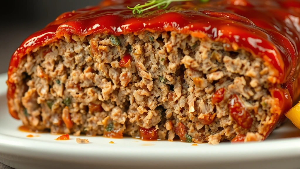 detail: close-up cross-section of meatloaf showing tender interior and caramelized glaze, photorealistic, natural light, no text