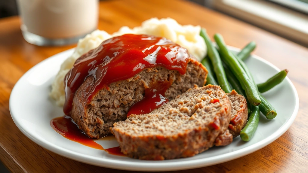 hero: sliced homemade meatloaf with glossy caramelized ketchup glaze on top, served on white plate with mashed potatoes and green beans, photorealistic, natural daylight from window, no text