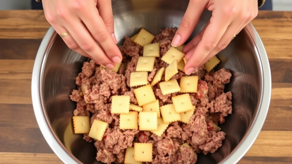 process: hands mixing ground beef and pork with soaked saltine crackers in large stainless steel bowl, photorealistic, natural kitchen lighting, no text