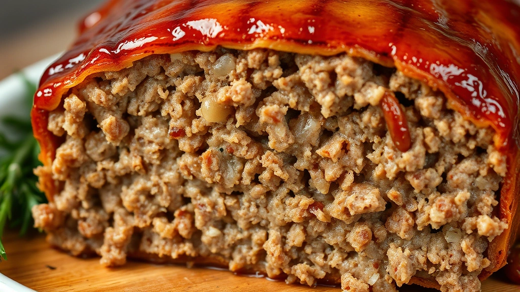 detail: close-up cross-section of cooked meatloaf showing moist interior texture and cracker binding, glossy glazed exterior, photorealistic macro shot, natural light, no text