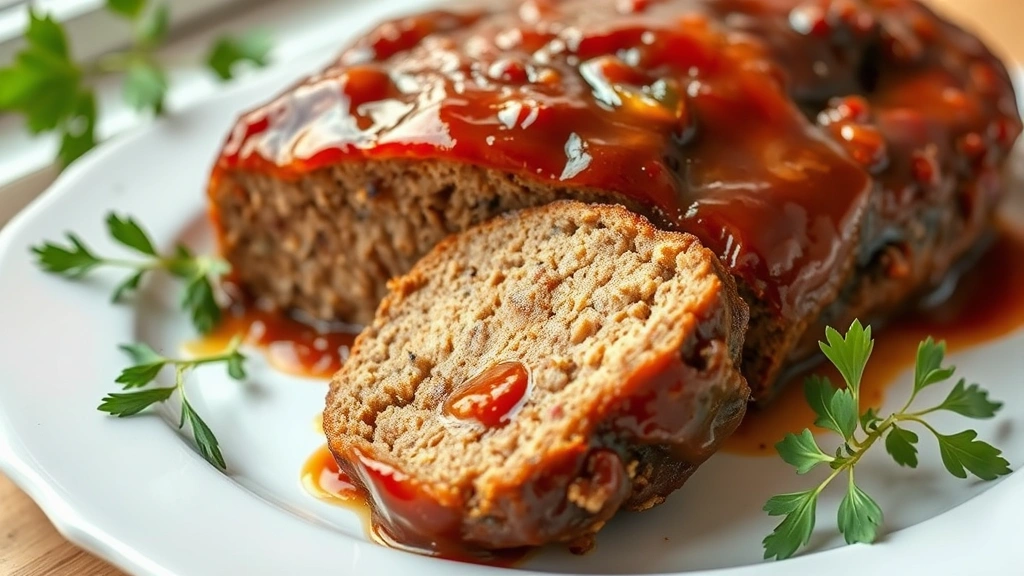 hero: glossy caramelized meatloaf with rich brown sauce coating, sliced to show juicy interior, served on white plate with fresh herbs, photorealistic, natural window light, no text