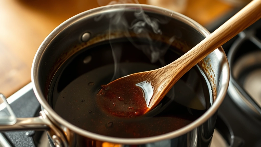 process: dark sauce simmering in stainless steel saucepan with wooden spoon, steam rising, warm kitchen lighting, photorealistic, no text