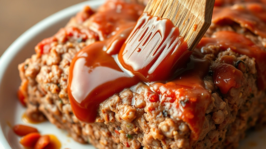 detail: close-up of meatloaf sauce being brushed onto raw meatloaf with pastry brush, glossy texture visible, photorealistic, natural light, no text