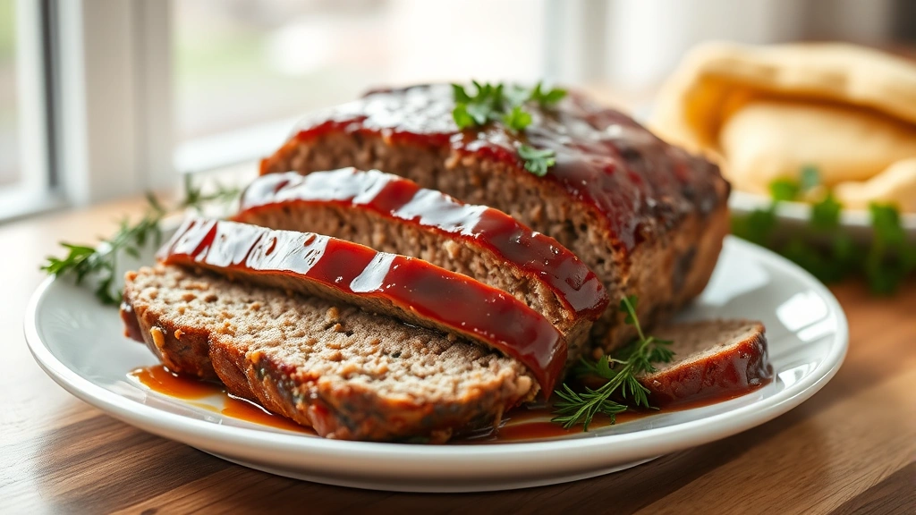 hero: perfectly sliced homemade meatloaf on white plate with glaze, photorealistic, natural window light, fresh herbs garnish, no text