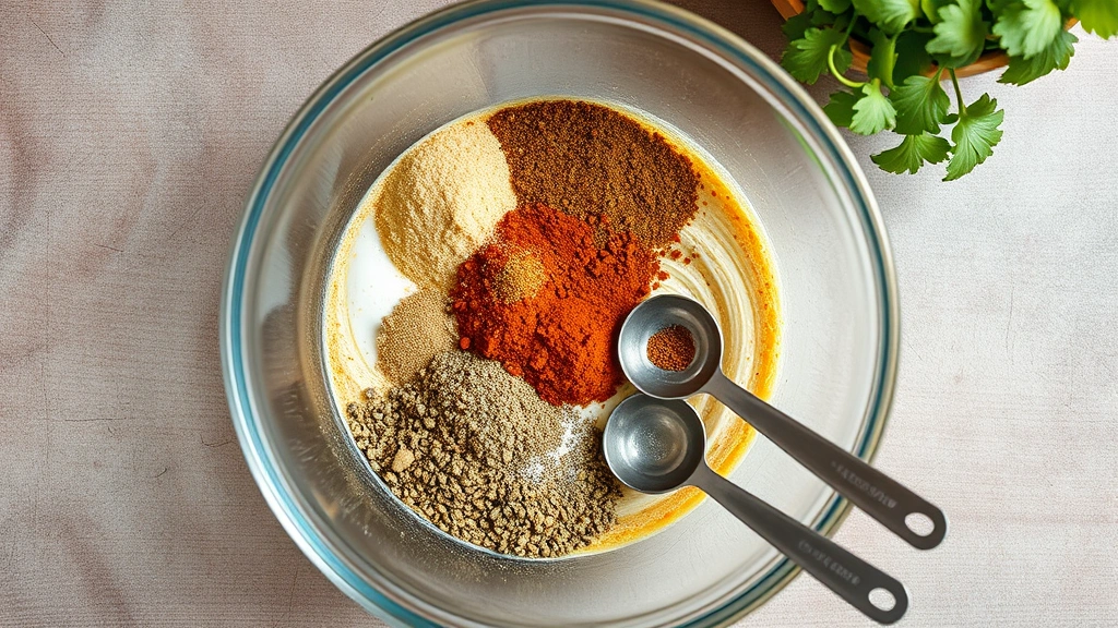 process: mixing spice blend in glass bowl with measuring spoons, photorealistic, overhead view, natural light, no text