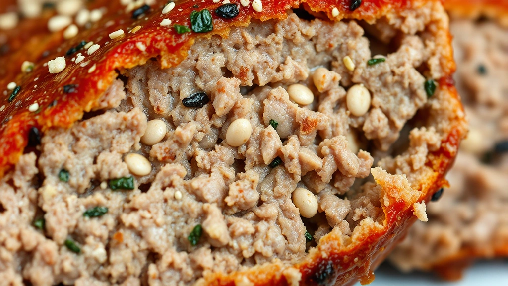 detail: close-up of meatloaf cross-section showing moist texture and seasoning distribution, photorealistic, macro photography, natural light, no text