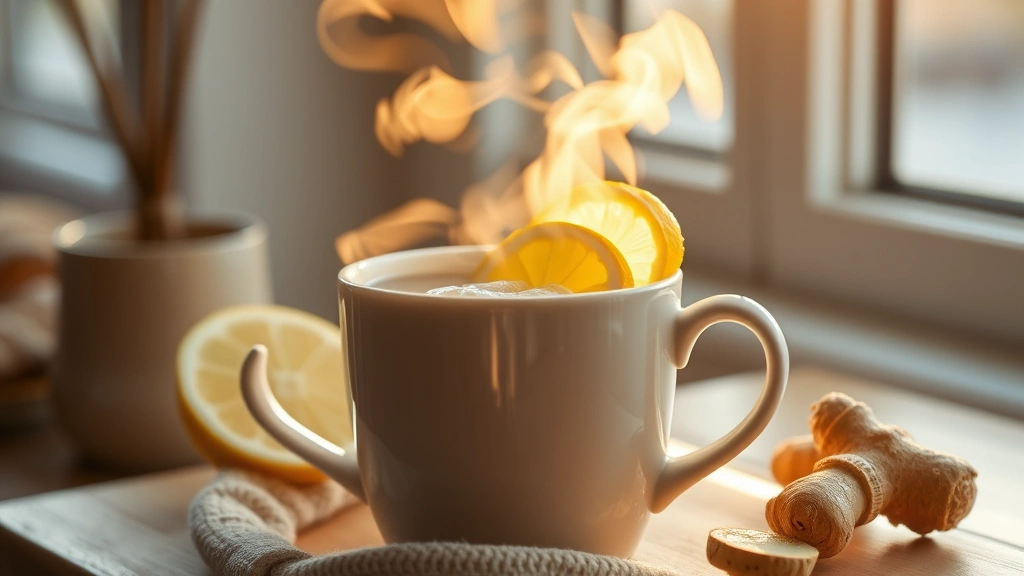 hero: steaming Medicine Ball drink in white ceramic mug with lemon slice and ginger garnish, warm golden lighting, steam rising, cozy morning aesthetic, natural window light, soft focus background