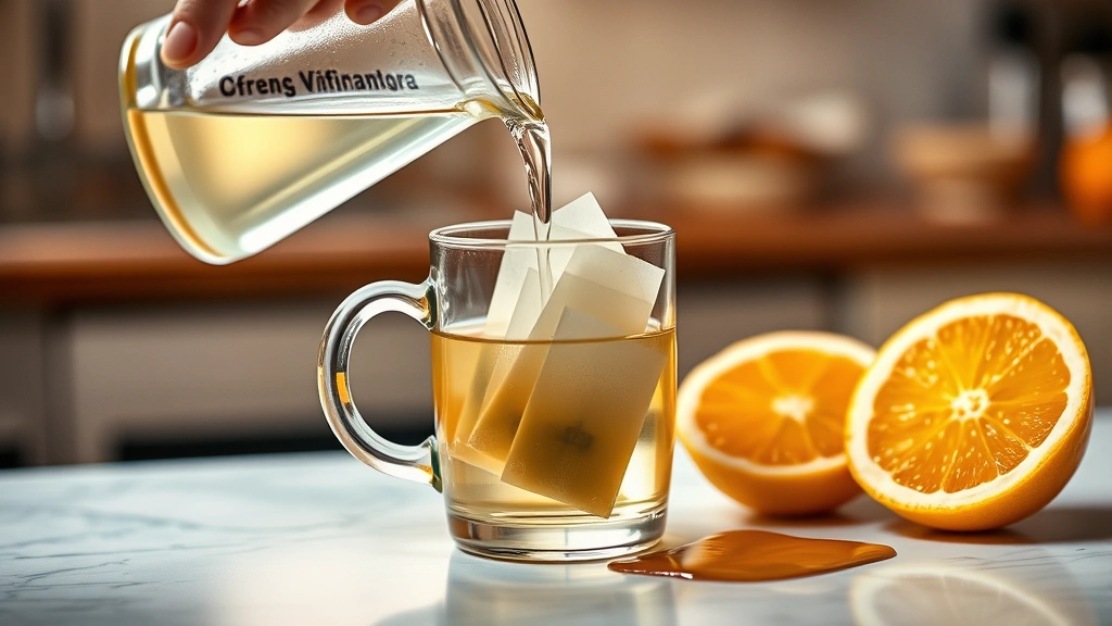 process: pouring hot water over three tea bags in glass mug, fresh lemon and orange halves beside mug, honey drizzle visible, warm kitchen lighting, hands in frame