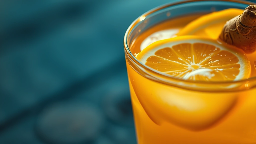 detail: close-up of Medicine Ball drink showing honey swirl, fresh citrus juice, garnished with thin lemon slice and ginger, golden hour lighting, shallow depth of field, water droplets on glass