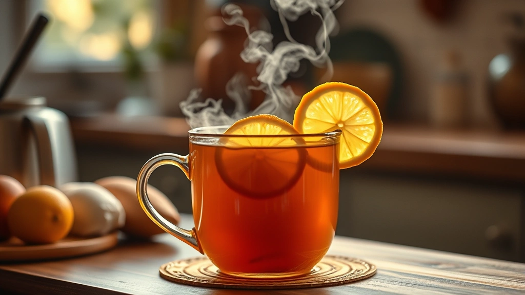 hero: steaming mug of golden Medicine Ball Tea with lemon wheel garnish, warm kitchen light, steam rising, cozy aesthetic