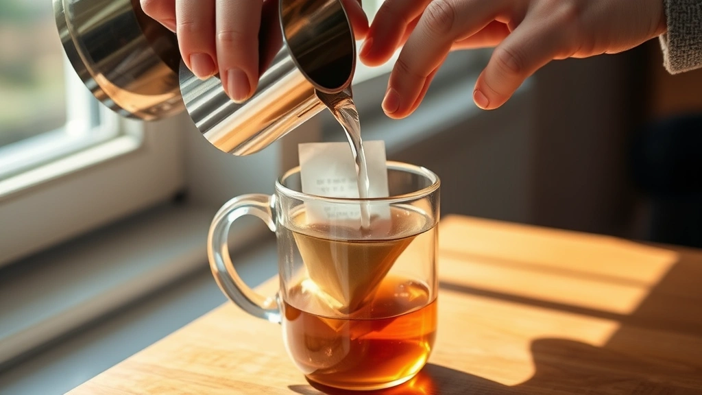 process: hands pouring hot water over tea bags in glass mug, amber liquid brewing, close-up action shot, natural window light