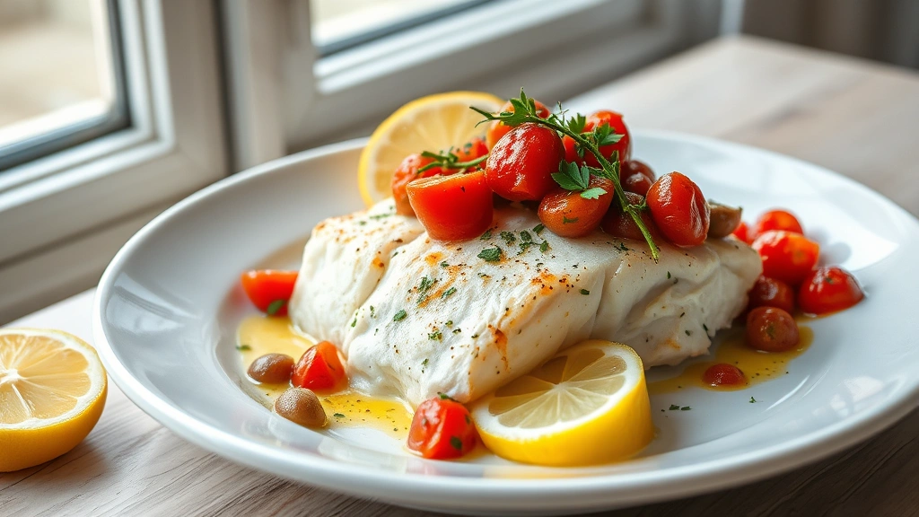 hero: Mediterranean cod fillet topped with cherry tomato olive mixture and fresh herbs, plated on white dish with lemon slice garnish, natural window light, Mediterranean coastal aesthetic, photorealistic, no text