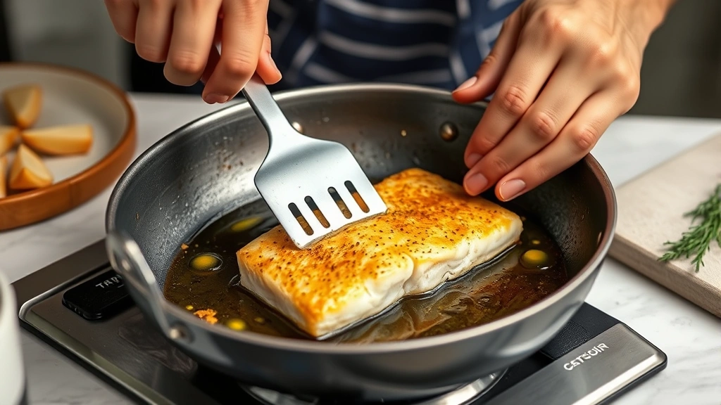 process: hands using fish spatula to gently flip golden cod fillet in skillet with olive oil, professional kitchen lighting, photorealistic, no text