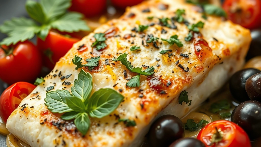 detail: close-up of finished Mediterranean cod with cherry tomatoes, Kalamata olives, fresh basil and parsley, lemon zest visible, shallow depth of field, photorealistic, no text
