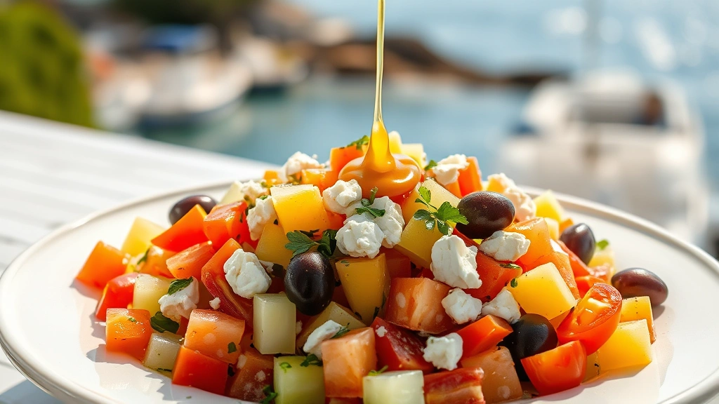 hero: vibrant Mediterranean salad with colorful diced cucumbers, tomatoes, bell peppers, Kalamata olives, and crumbled feta cheese on white ceramic plate, golden lemon-olive oil dressing drizzled on top, fresh herbs garnish, bright natural sunlight streaming across, Mediterranean coastal background blurred, photorealistic, appetizing, no text