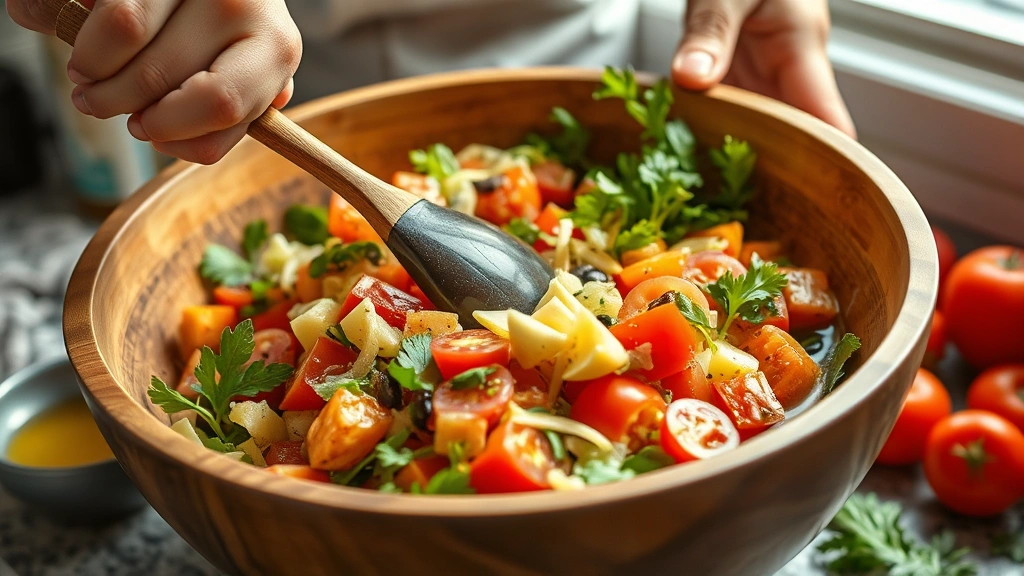 process: hands tossing Mediterranean salad ingredients in large wooden bowl with wooden spoon, fresh vegetables mid-toss, olive oil and lemon dressing visible, kitchen counter setting, natural window light illuminating ingredients, dynamic motion, photorealistic, no text