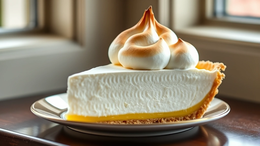 hero: elegant slice of lemon meringue pie with tall, golden-brown meringue topping, photorealistic, natural window light, no text
