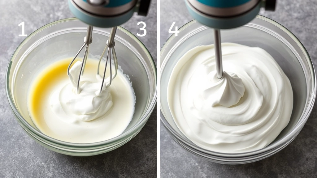process: electric mixer whipping egg whites to stiff peaks in a glass bowl, glossy white meringue forming, photorealistic, natural light, no text