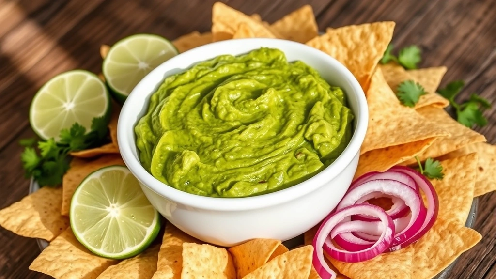 hero: vibrant green guacamole in white ceramic bowl surrounded by lime halves, fresh cilantro sprigs, red onion slices, and warm tortilla chips, natural sunlight streaming from left side, rustic wooden table surface, sharp focus on guacamole texture, no text or watermarks